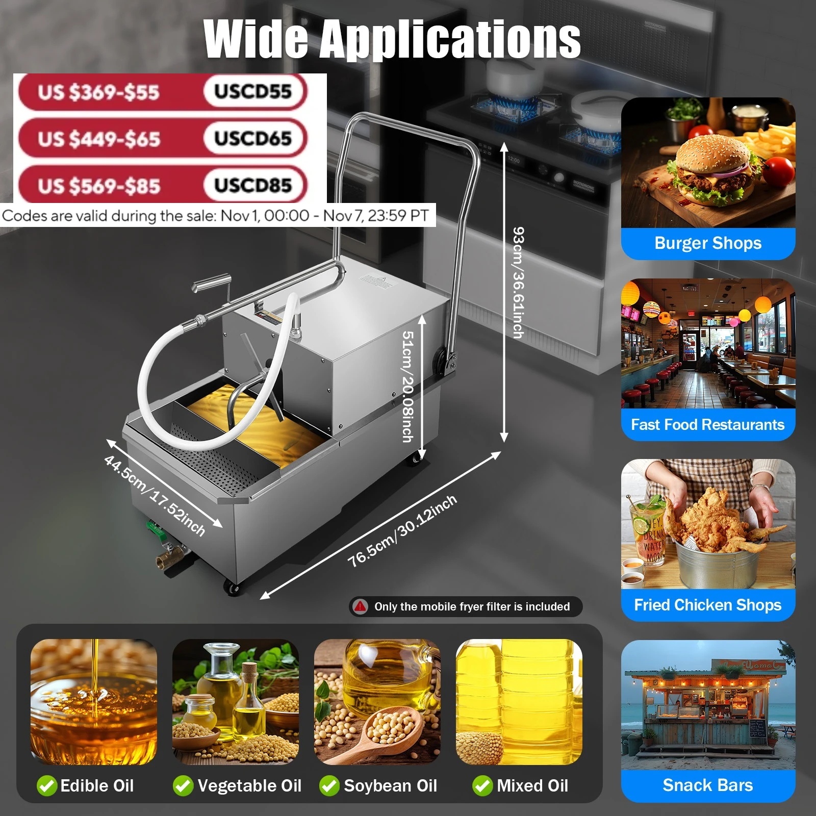 

Mobile Fryer Oil Filter, 201 Stainless Steel, Fast Filtration, Easy to Install & Clean, Includes Filter Paper
