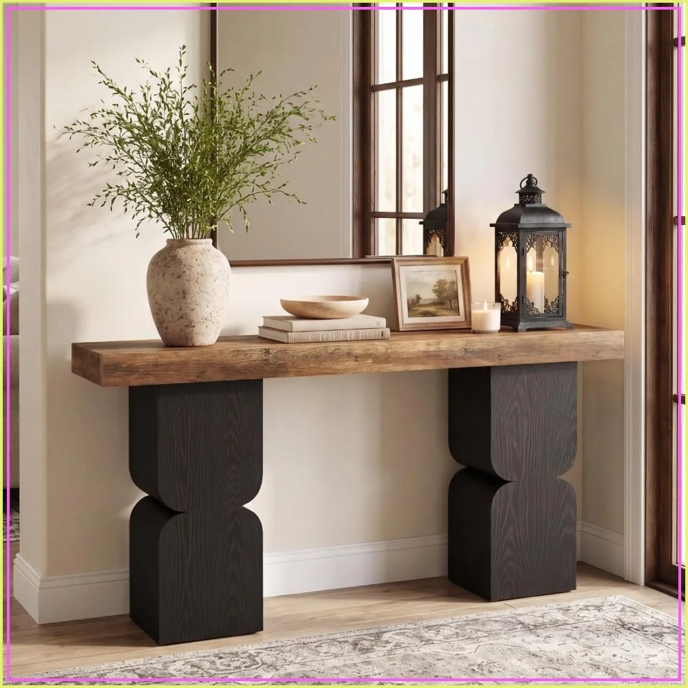 63-Inch Large Console Table, Heavy-Duty Look, Behind Couch Sofa Table, Color Blocking, Brown Black