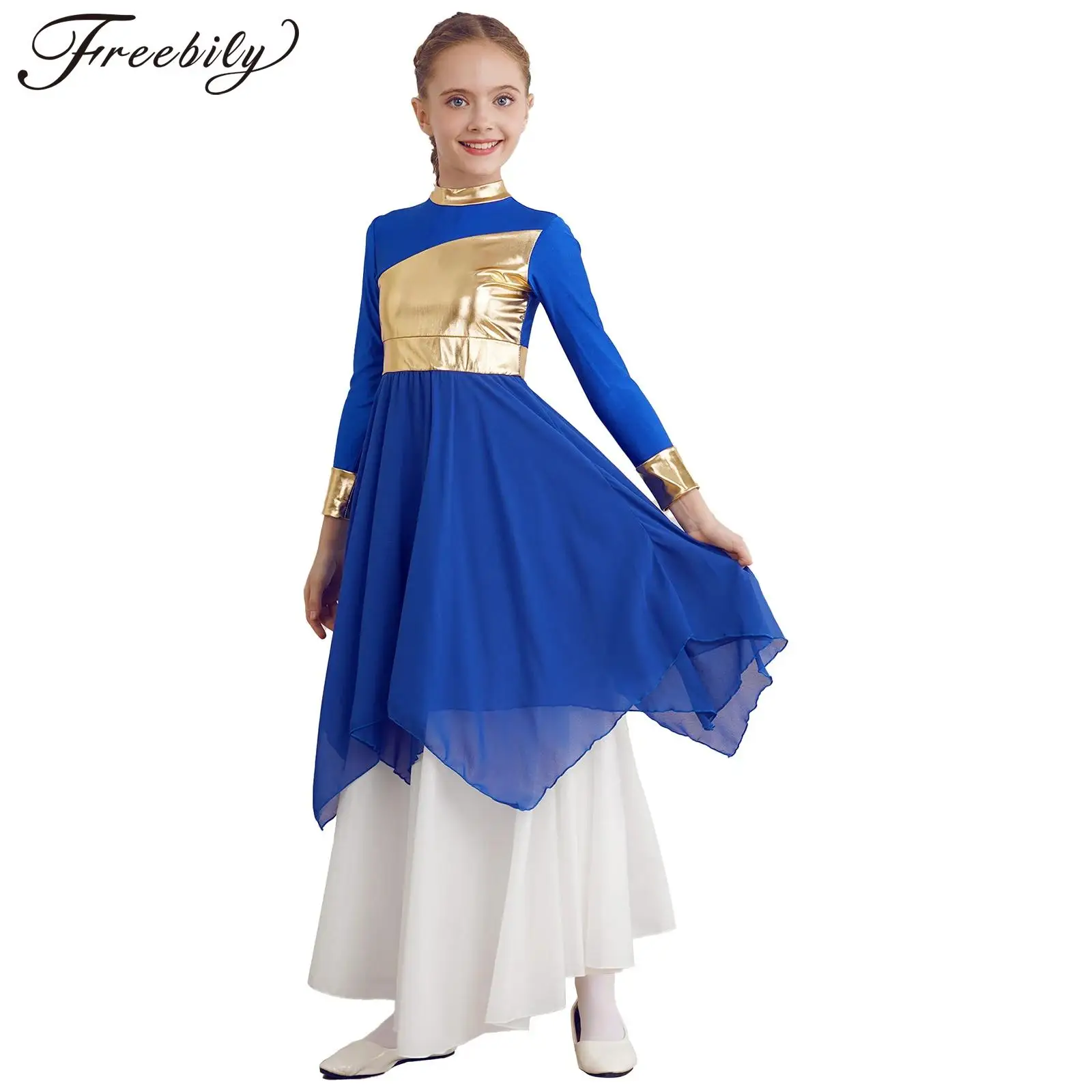 Kids Girls Long Sleeve Ballet Dress Lyrical Contemporary Dance Costumes Maxi Long Dress Dancewear Liturgical Praise Dance Dress