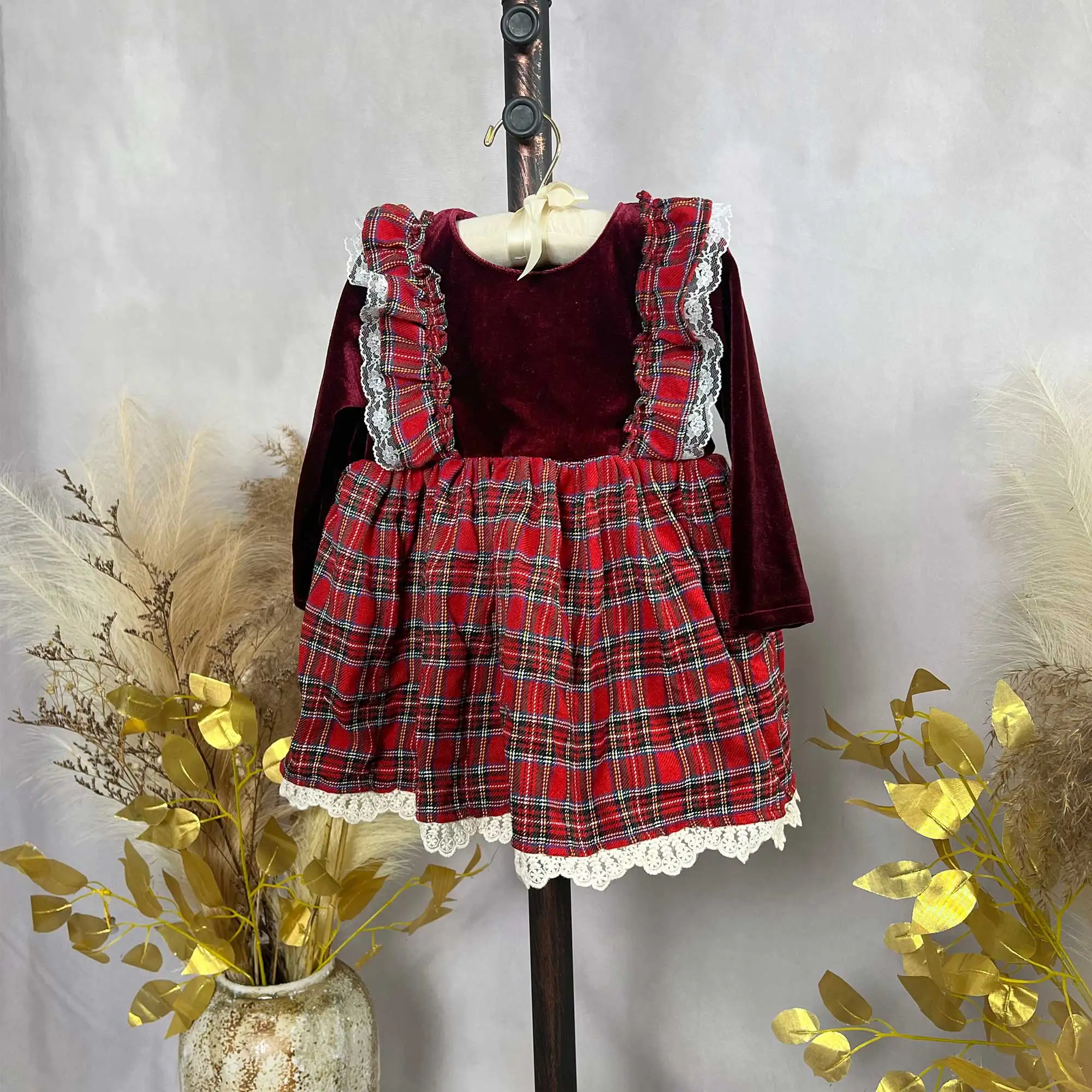 Autumn1-6 Years Old Long - sleeved Velvet Check Dress Birthday Party Children's Formal Wear Girl Photography Prop Souvenir Photo