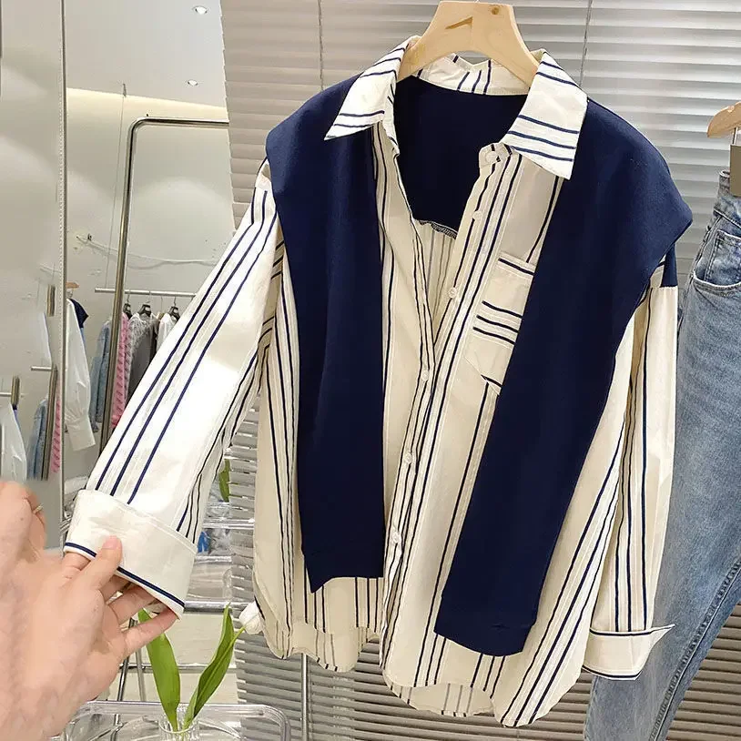 

Long-sleeved striped shirt women's autumn 2024 new plus size loose fashion temperament Joker fake two shawl casual tops.