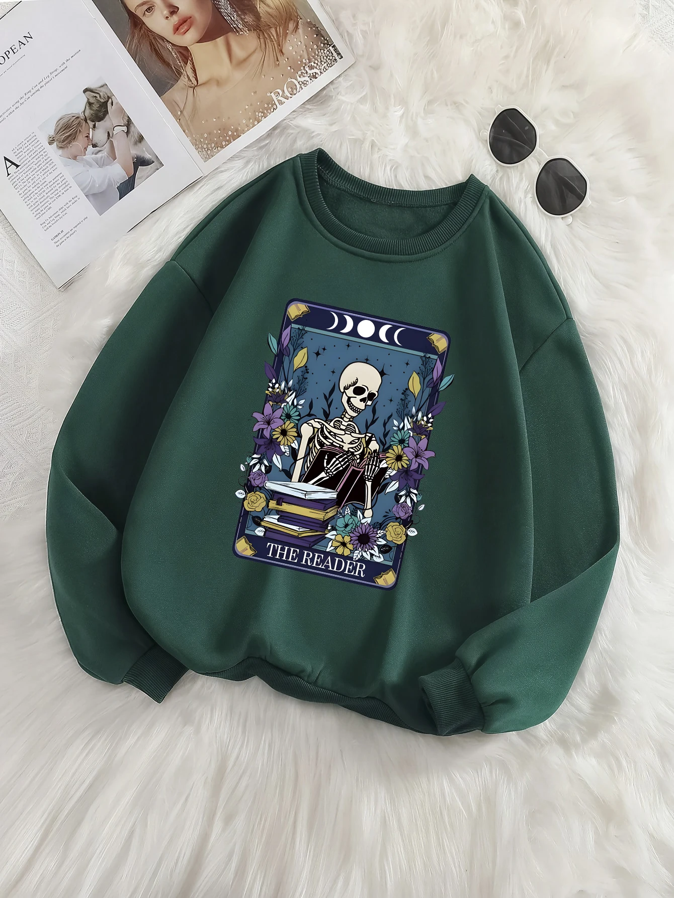 Dzień zmarłych [Ochodzenie festiwalowe] Tide Cool Skull Cards Print Wygodny top na co dzień, zielona bluza bez kaptura dla kobiet