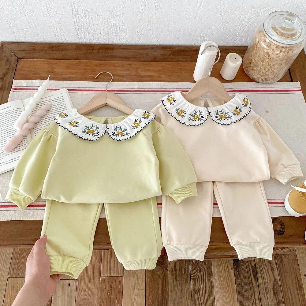 2024 Autumn Baby\'s Clothing Set 0-4Y Girls Embroider Doll Collar Infant Suit Fashion Cotton Kid\'s Pullover Tees and Pants 2Pcs