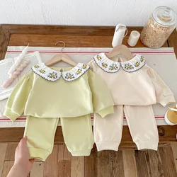 2024 Autumn Baby's Clothing Set 0-4Y Girls Embroider Doll Collar Infant Suit Fashion Cotton Kid's Pullover Tees and Pants 2Pcs