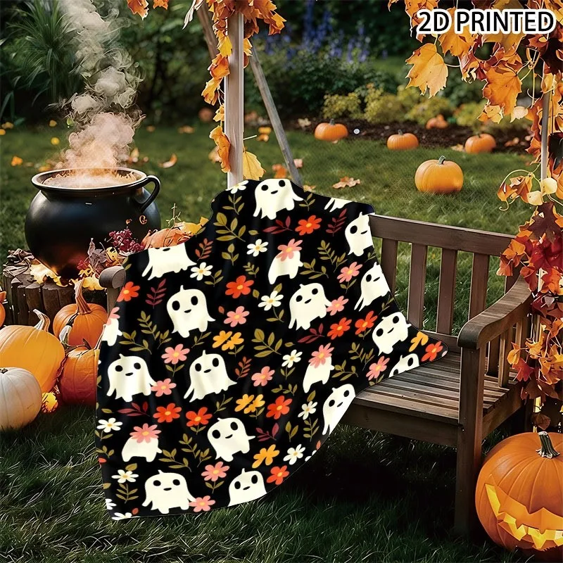 Cute Whimsical Ghost And Floral Print Throw Blanket, Soft Cozy Halloween Blanket with Multiple Specifications Available, Perfect