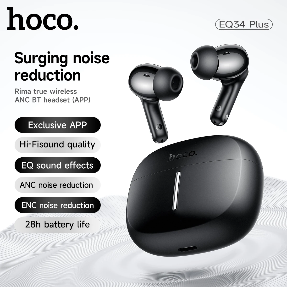 HOCO ANC 능동 소음 감소 무선 블루투스 5.4 이어버드 앱 제어 EQ 사운드 하이파이 스포츠 음악 이어버드 28시간 대기