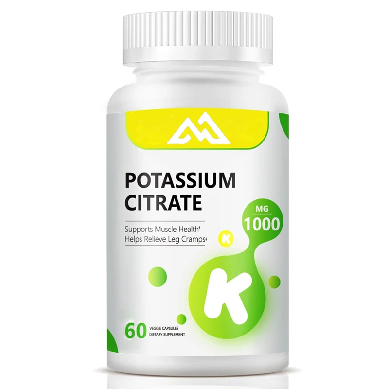 Potassium Citrate 1000mg, a potassium supplement for overall health, containing essential minerals in 60 vegetarian capsules