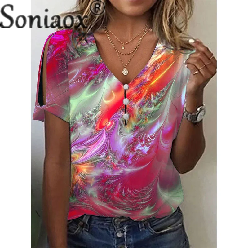 Fashion Tie-dye V Neck Splicing Button T-Shirt Women's Sweet Style Straight Tops Female 2023 Summer Casual Short Sleeve Tees 5XL