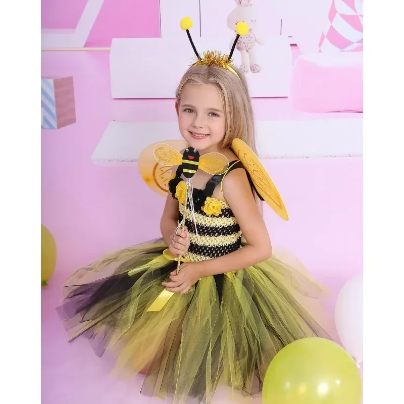 HN8 Bumble Bee Tutu Dress per neonate Compleanno Vestito Costume di Halloween per bambini Abiti cosplay di api con ala Headb8...Gf