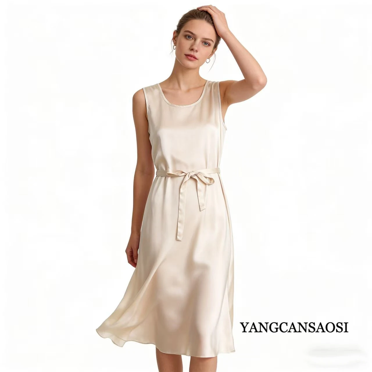 Roupas casuais femininas 93% seda amoreira natural cetim elástico cor sólida em torno do pescoço sem mangas versátil casual vestido solto