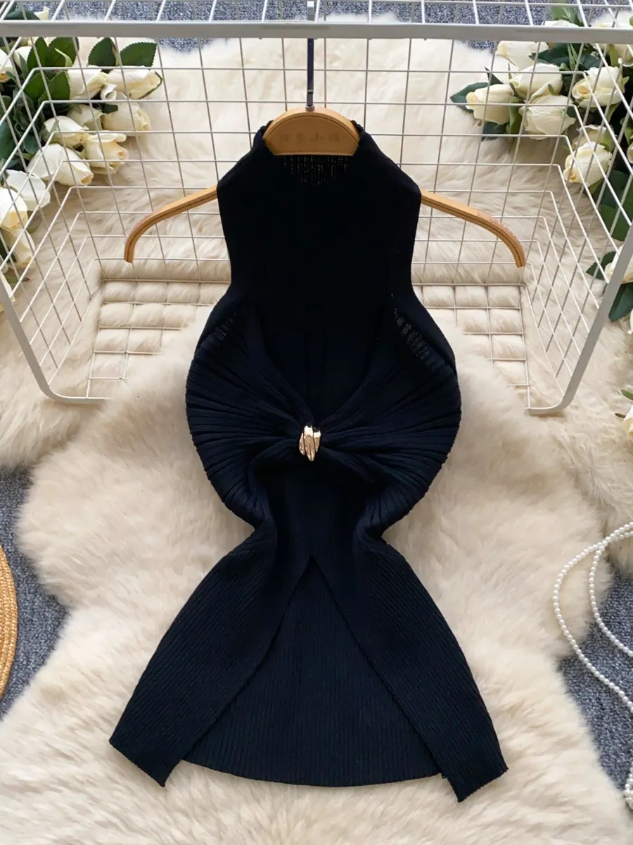 Foamlina Gilet lavorato a maglia senza maniche di lusso chic da donna Summer Metal Kink Design Spice Girl Canotte alla moda Crop Top