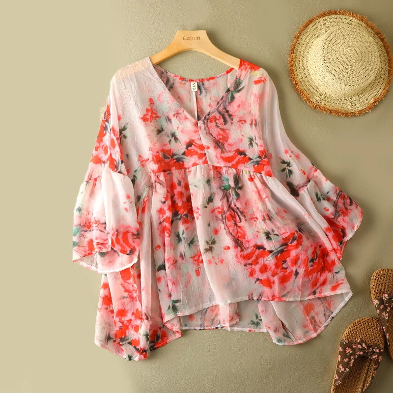 Retro Asymmetric Floral Print T-irt with Bell Sves V-Ne Splice Pleated plus Size Women's Summer Top for Commuting