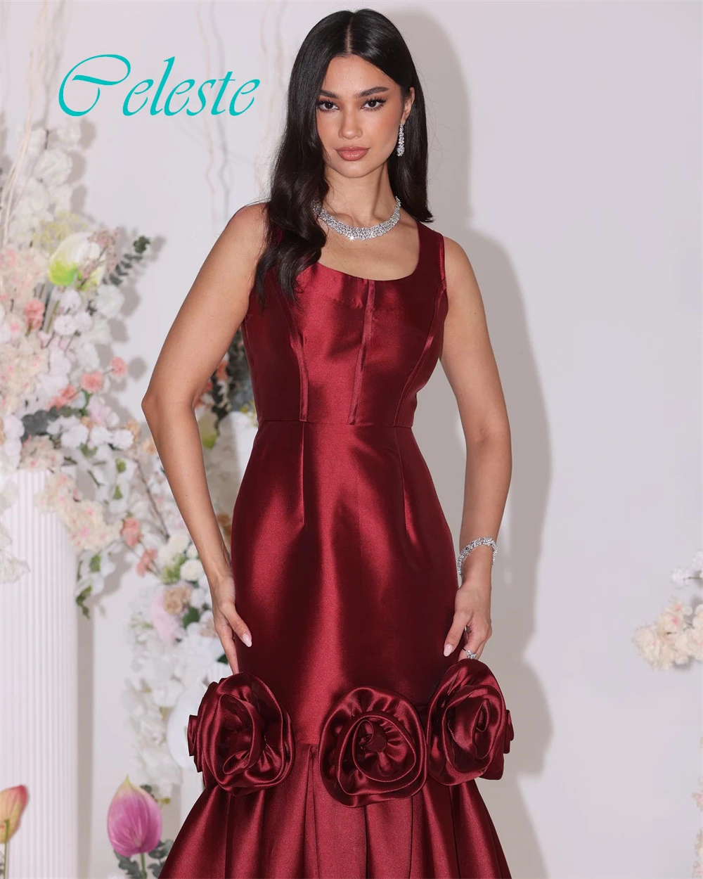 فستان سهرة مخصص بأشرطة سباغيتي رشيقة وفساتين مناسبة خاصة من الساتان الرائع وفساتين حفلات الزهور الرقيقة