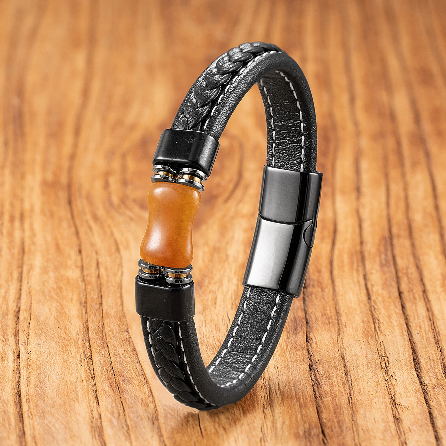 Vintage-Armband aus Achatstein, handgefertigt mit Lederband, einzigartiger Unisex-Boho-Schmuck für den täglichen Gebrauch. – Detail 8