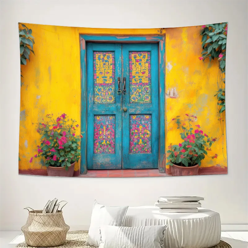 Boho Yellow Door Tapestry Wall Hanging Tropical Floral Print Vibrant Mediterranean Style Home Decor Background Mural Backdrop