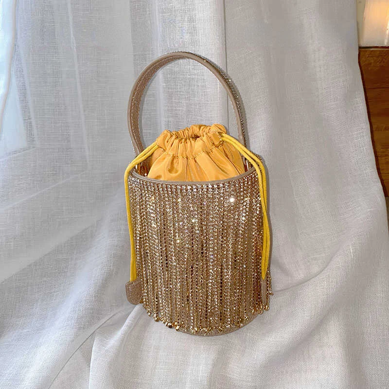 Tassel Shiny Bucket Silk Rhinestone Clutches Women Drawstring Banquet Mobile Phone Bag Female Clutch Crossbody Bag