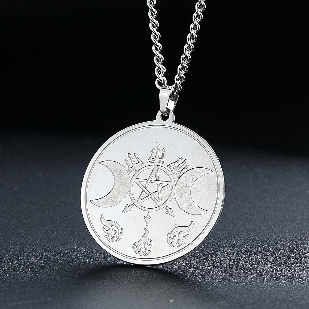 

Triple Moon Crescent Pentagram Stars Flame Solomon Stainless Steel Pendant Necklace Charms Sweater Chain Dangle Choker Jewelry