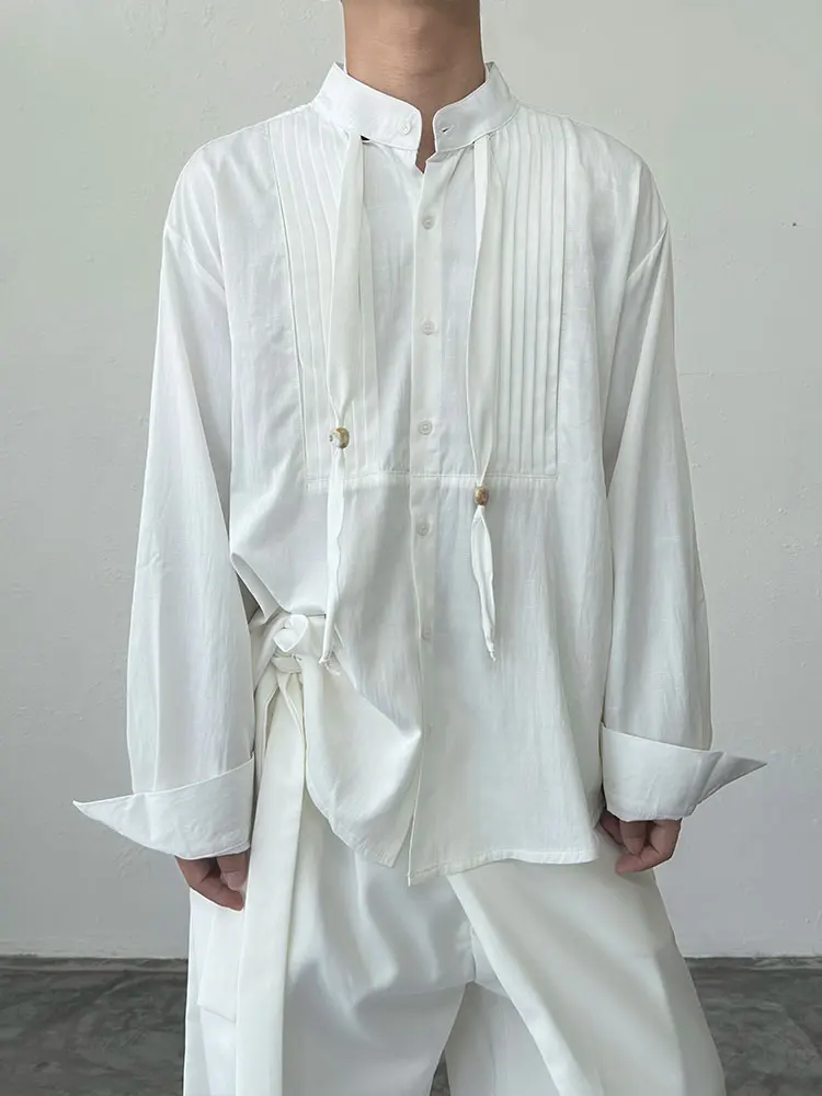 BKYC Vintage Accordion Pleat Long Sleeve Shirt Stand Collar Tie Design Sense Court Elegant Men's Shirt Polyester Viscose Blend