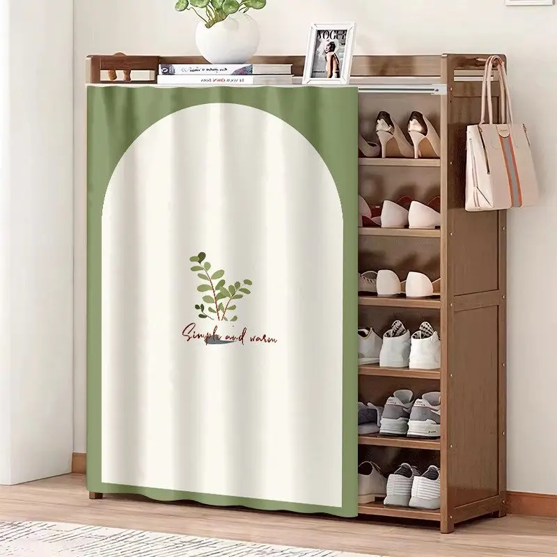 Minimalist Arch Shoe Cabinet Curtain Green Plant Grid Print Dust Proof Cover Partition Curtain Storage Organizer Home Decor