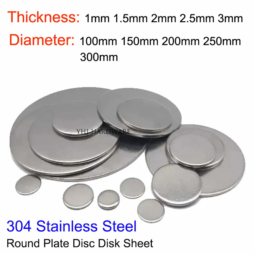 Stainless Steel 304 Disc Plate Circular Solid Flat-Plate Round Disk Sheet Diameter 100/150/200/250/300mm Thick 1/1.5/2/2.5/3mm