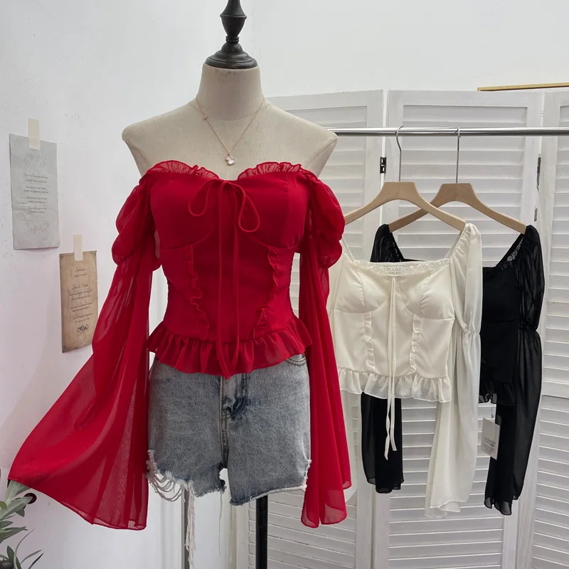 High Quality Hot Selling Wholesale Autumn New Bow One Shoulder Long Sleeved Floral Chiffon Horn Cuff Chest Pad Top T-shirt Women