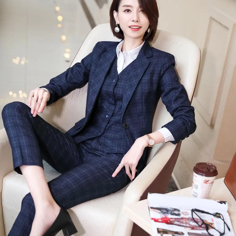 

Women Fashion Pant Suit Plaid Blazer Vest And Pant 3 Piece Uniform Designs Elegant For Office Lady Business Career Work Wear