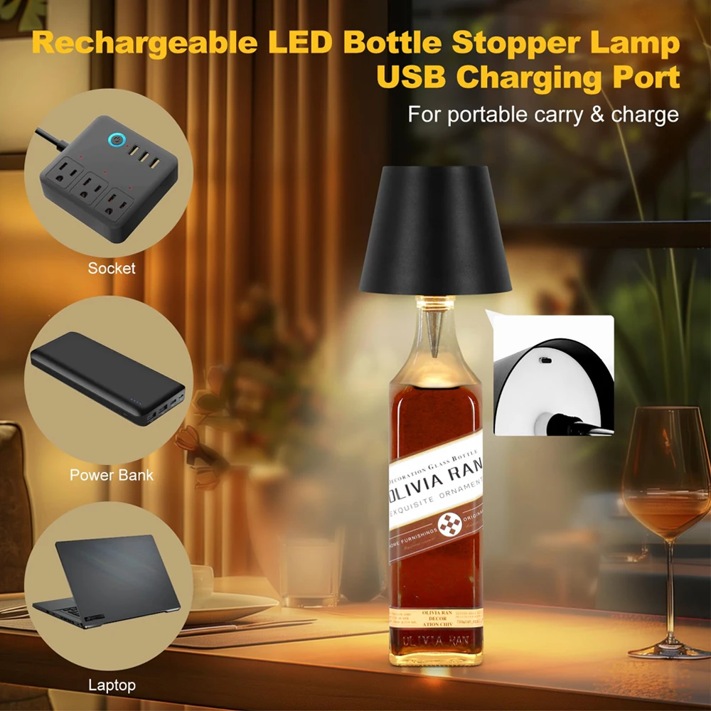 Garrafa De Vinho Recarregável Candeeiro De Mesa, 3 Cores Dimmable LED, Controle De Toque, Lâmpada De Mesa para Casa, Restaurante, Bar, Mesa