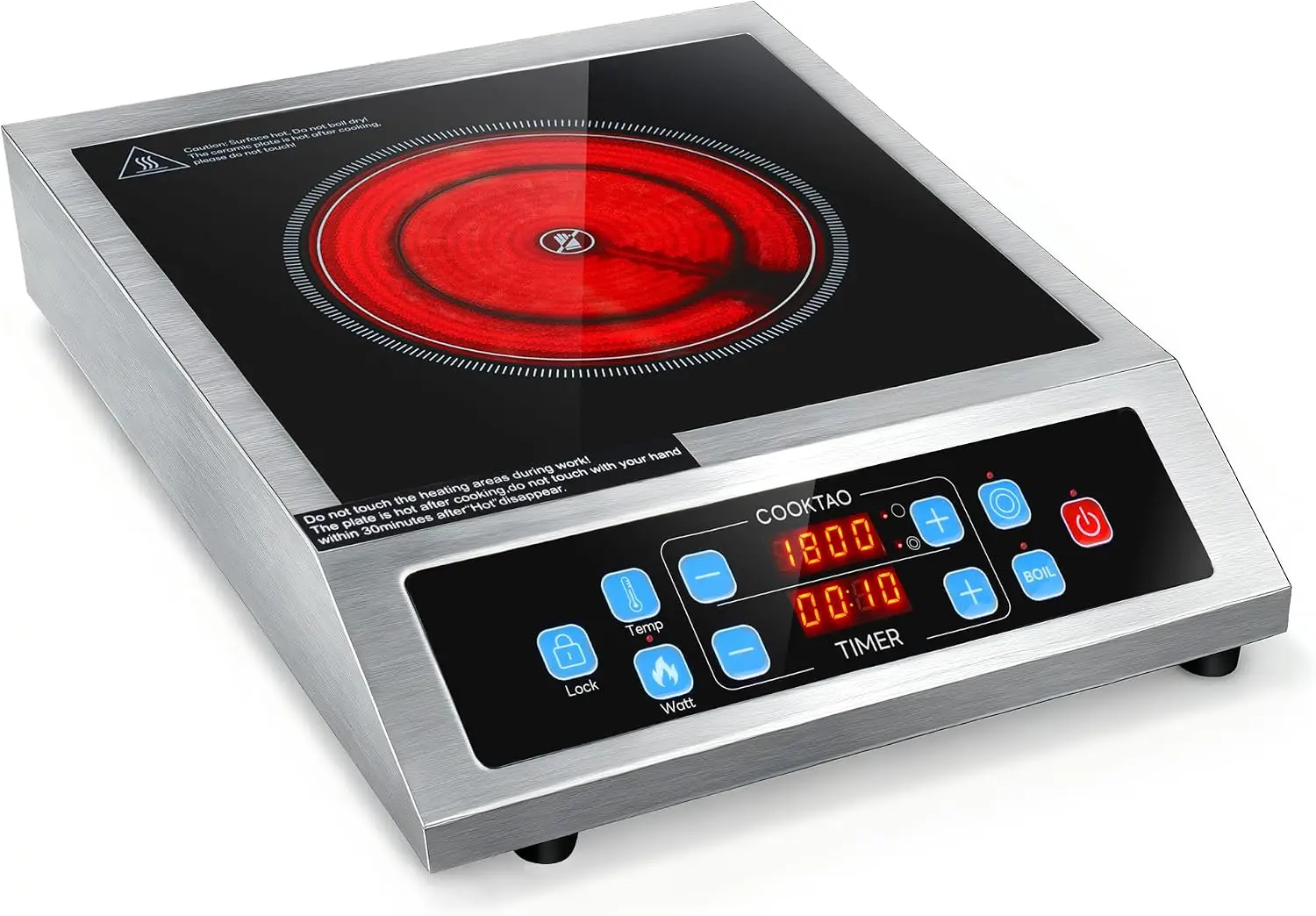Dual Coils Design of Stainless Steel Single Burner Electric Cooktop, 1800W Commercial Ceramic Infrared Cooking Hot Plate