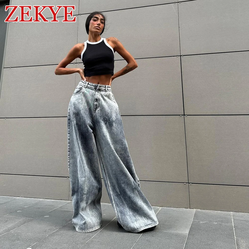 

Zekye Streetwear Retro Baggy Jeans Y2K Mom 2024 Summer Distressed Boyfriend Wide Leg Jeans For Women High Waist Pants Korean