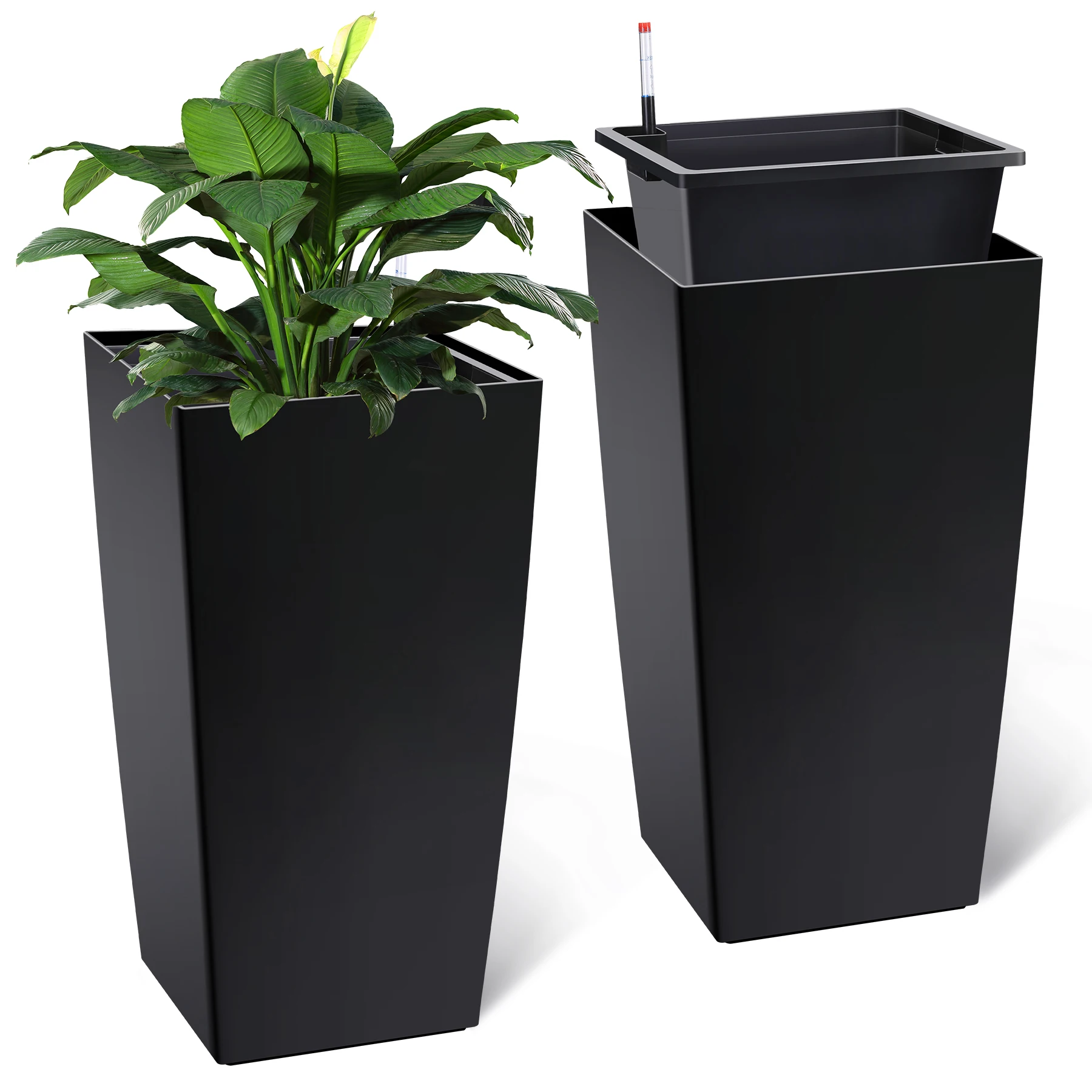 30-Inch Tall Self Watering Planter Set of 2, Large Modern PP Plastic Plant Pots with Drainage Holes, Water Level Gauge, Inner Bucket and Hidden Wheels, Indoor Outdoor Planters for Home, Patio, Balcony and Garden Decor, Black