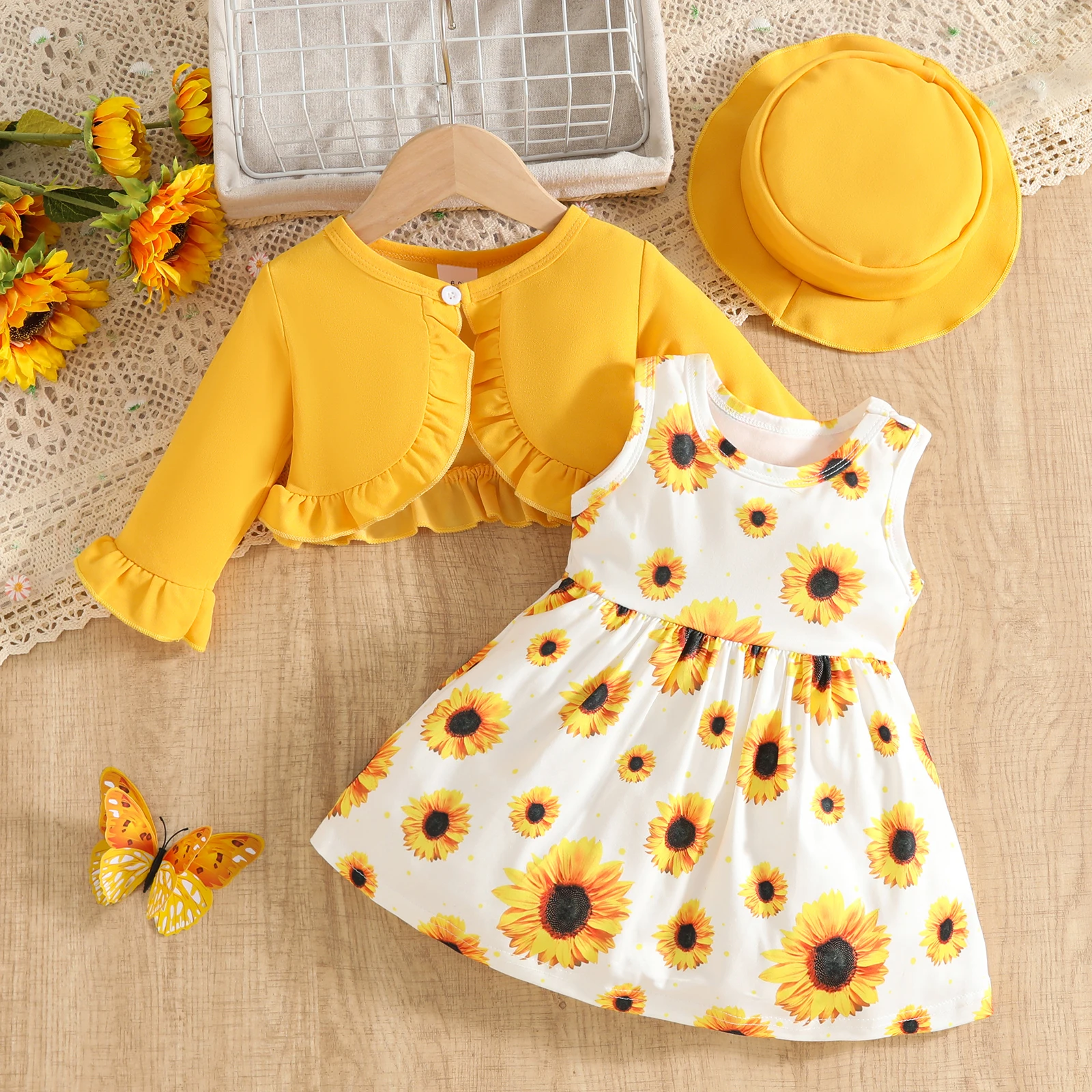 

SUNSIOM 0-3 Years Baby Girl 2Pcs Fall Outfits Sleeveless Sunflower Print Dress + Long Sleeve Cardigan+ Hat Set Toddler Clothes