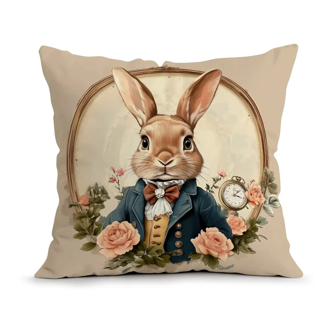 Double-Sided Vintage Clocks Rabbits Pillowcase, Printed Polyester Throw Pillow Cover for Decorative Sofa Cushion and Home Decor