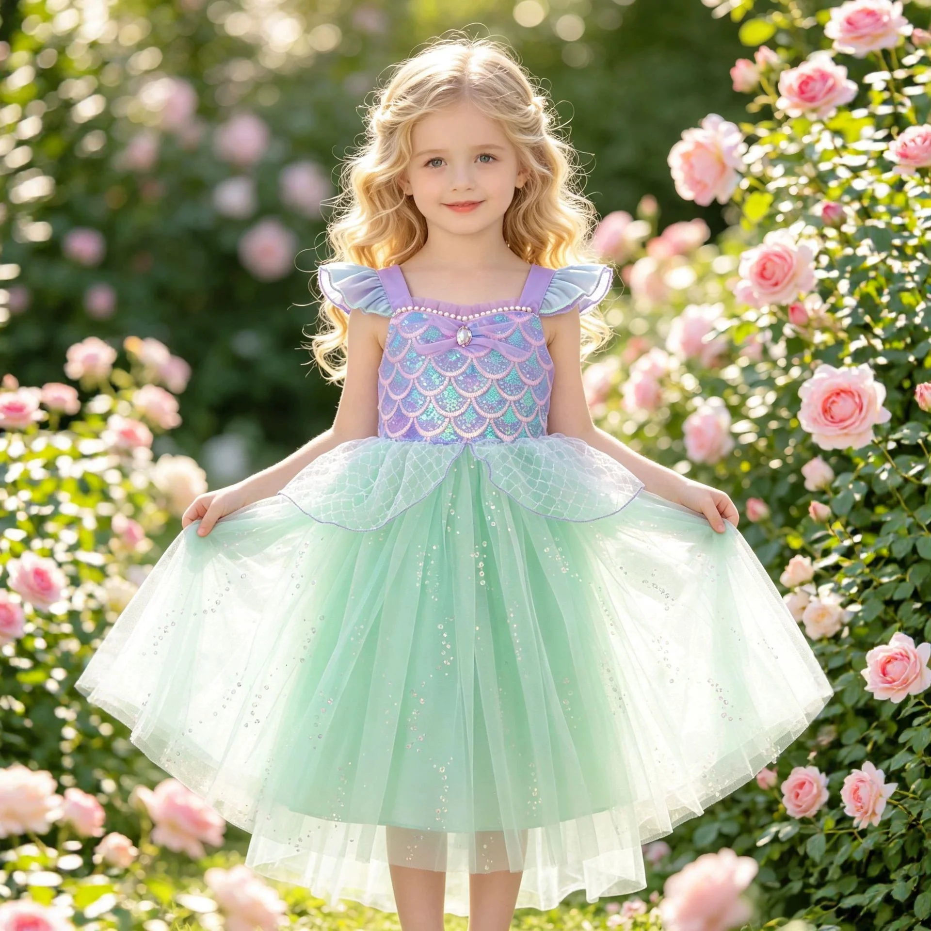 Kids Girls Mermaid Princess Fancy Costume Purple Green Tulle Dress for Carnival Birthday Halloween Cosplay Role‑Play Outfit