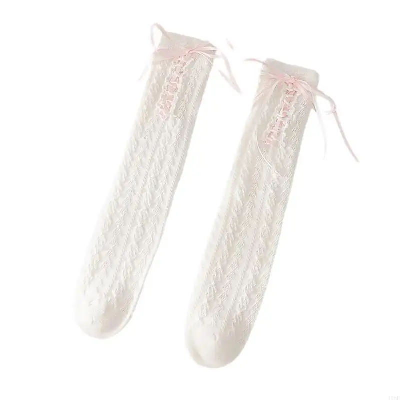 195E Calzini alti ginocchio per bambine e ragazze, calzini per stivali in cotone, fiocchi dolci, calzini polpaccio, regali