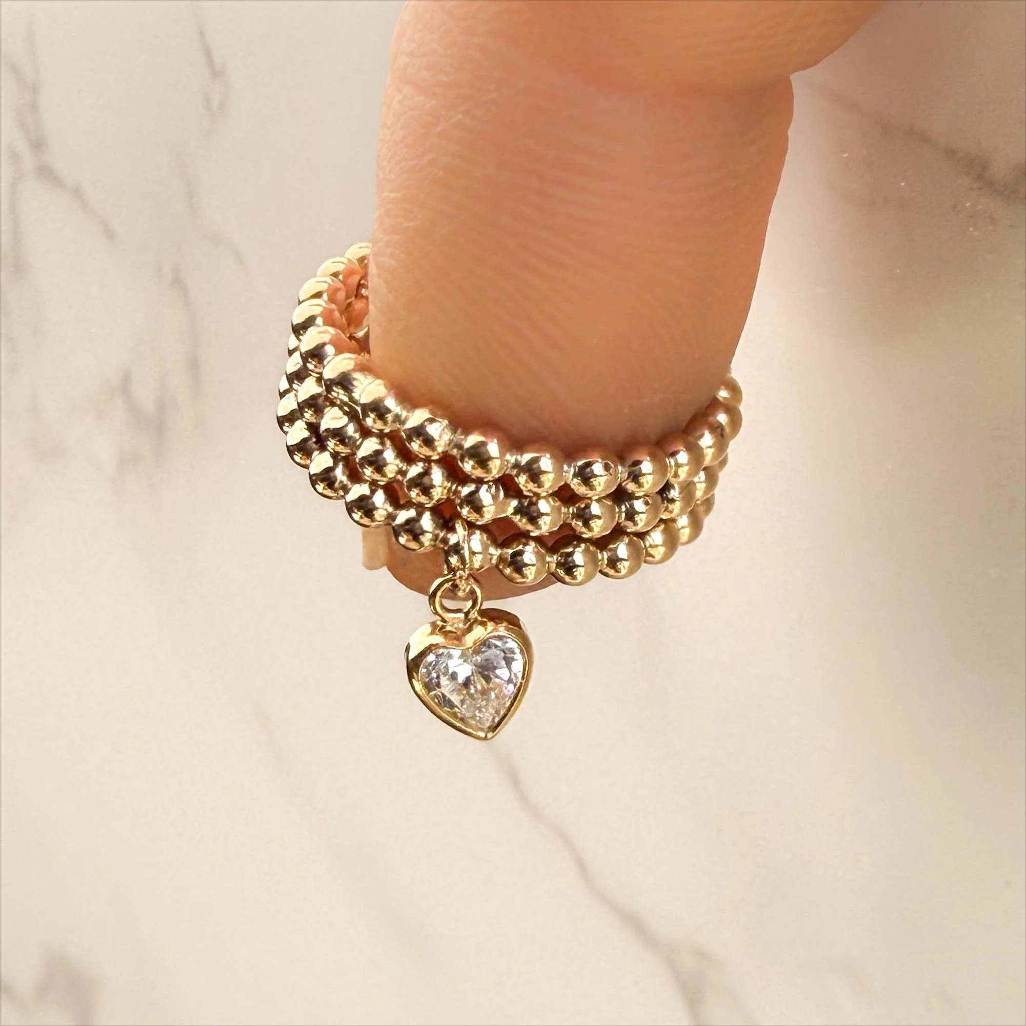 3 Pieces 14k Gold Filled Heart Diamond CZ Ring Dainty Beaded Band Personalized Jewelry Tarnish Resistant Jewelry Gift for Women
