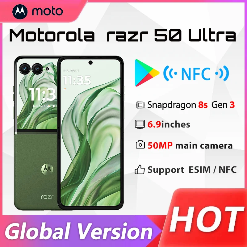 شاشة موتورولا موتو رازر 50 الترا 6.9 بوصة سنابدراجون 8s Gen 3 قابلة للطي 4000 مللي أمبير في الساعة أندرويد 14 50 ميجابكسل 45 وات الإصدار العالمي