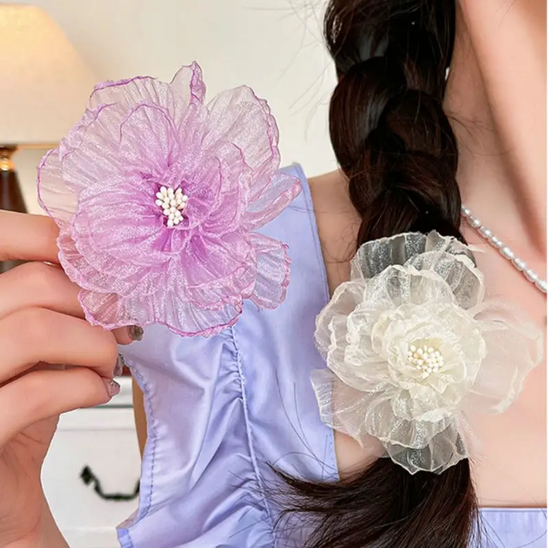 Organza Rose Flower Hair Claw Clips Women Girls Soft Flowers Ponytail Holder Hair Clamps Barrette Fashion Hair Accessories