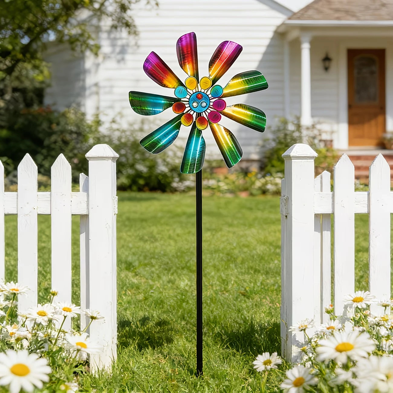 Rainbow Color Single Layer Petal Metal Wind Spinner Garden Yard Decor Stake