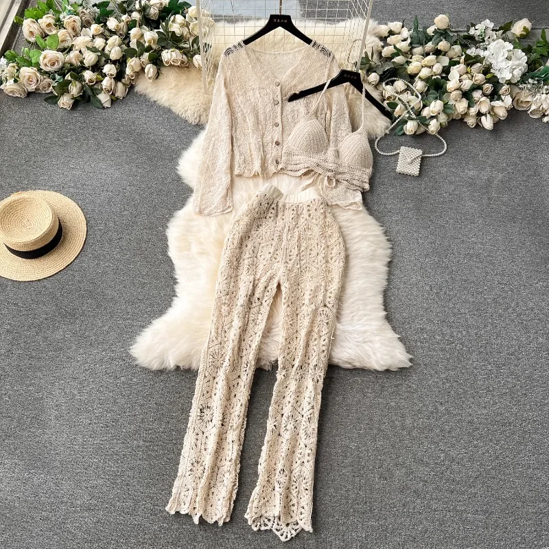 

Casual Single breasted Long Sleeve Coat+Hanging Neck Tank+Retro Hook Flower Hollow Wide Leg Pants 3-Piece Set Holiday Woman Sets