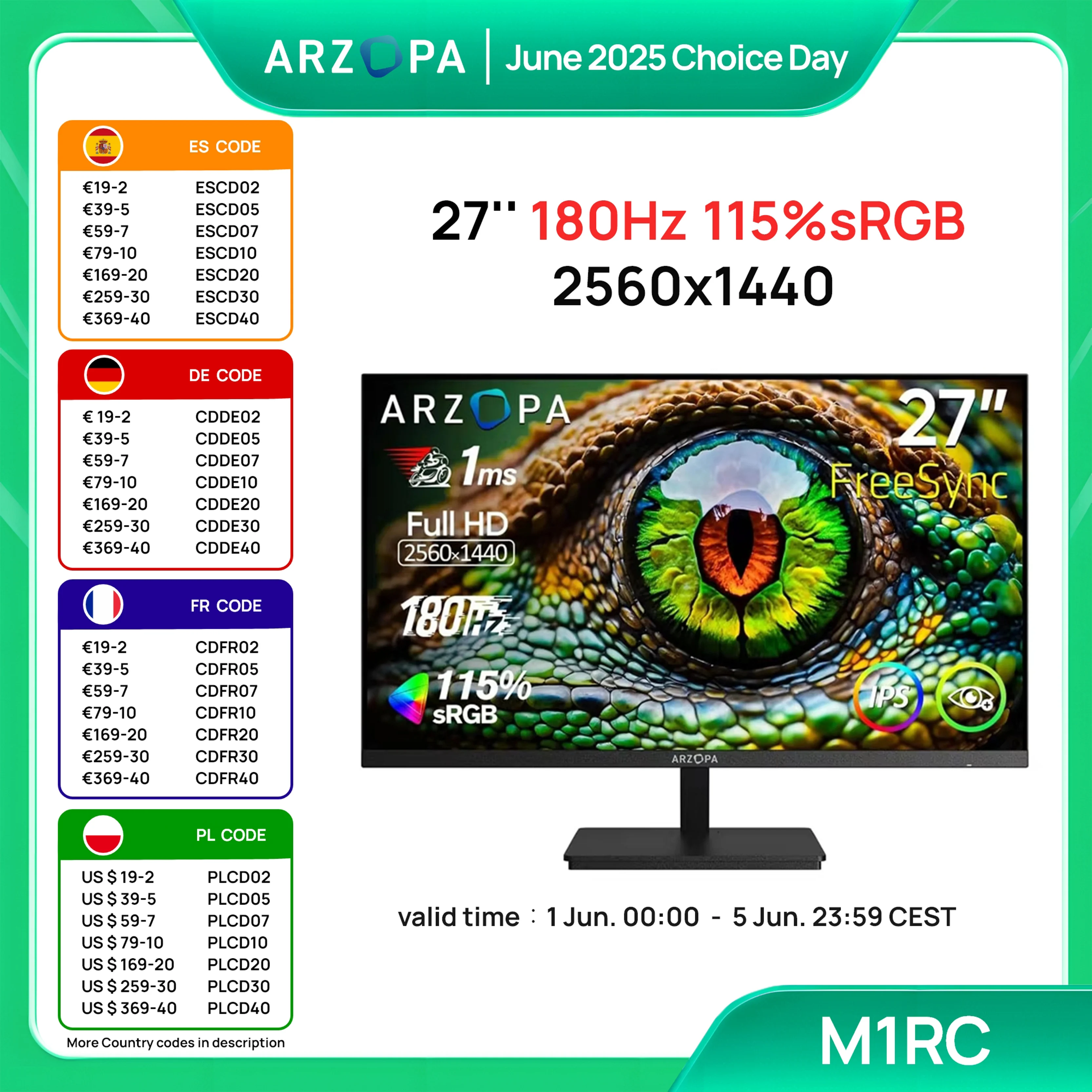 ARZOPA 27-Zoll-Monitor 180 Hz QHD 2K FastIPS FreeSync Tragbarer Gaming-Monitor Zweiter Bildschirm