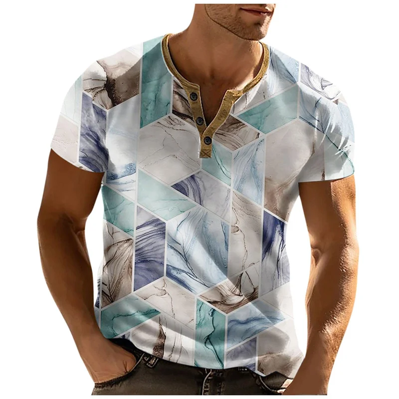 Retro Textured Plaid Three-Dimensional Printing T-Shirt Men's V-Neck Buttons Short-Sleeved Fashion Street Beat Pullover Men Tops