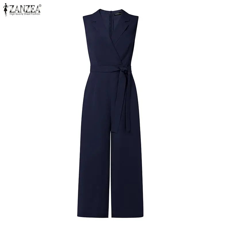 ZANZEA 2026 Sommer-Romper Modische Ärmellose Damen-Jumpsuits Elegante Büro-Overalls mit Weitem Bein und Reverskragen – Detail 12