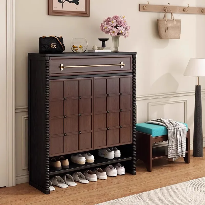

French retro solid wood shoe cabinet household small apartment against the wall for integrated storage multi-functional storage
