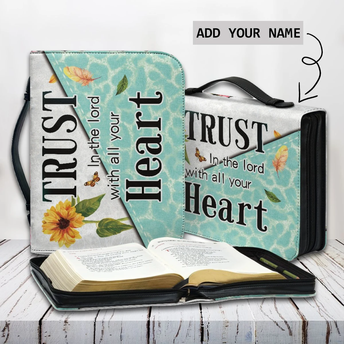 Trust in the Lord With All Your Heart Print Leather Christian Bags Sunflower Hummingbird Print Female Holy Storage Study Boxes