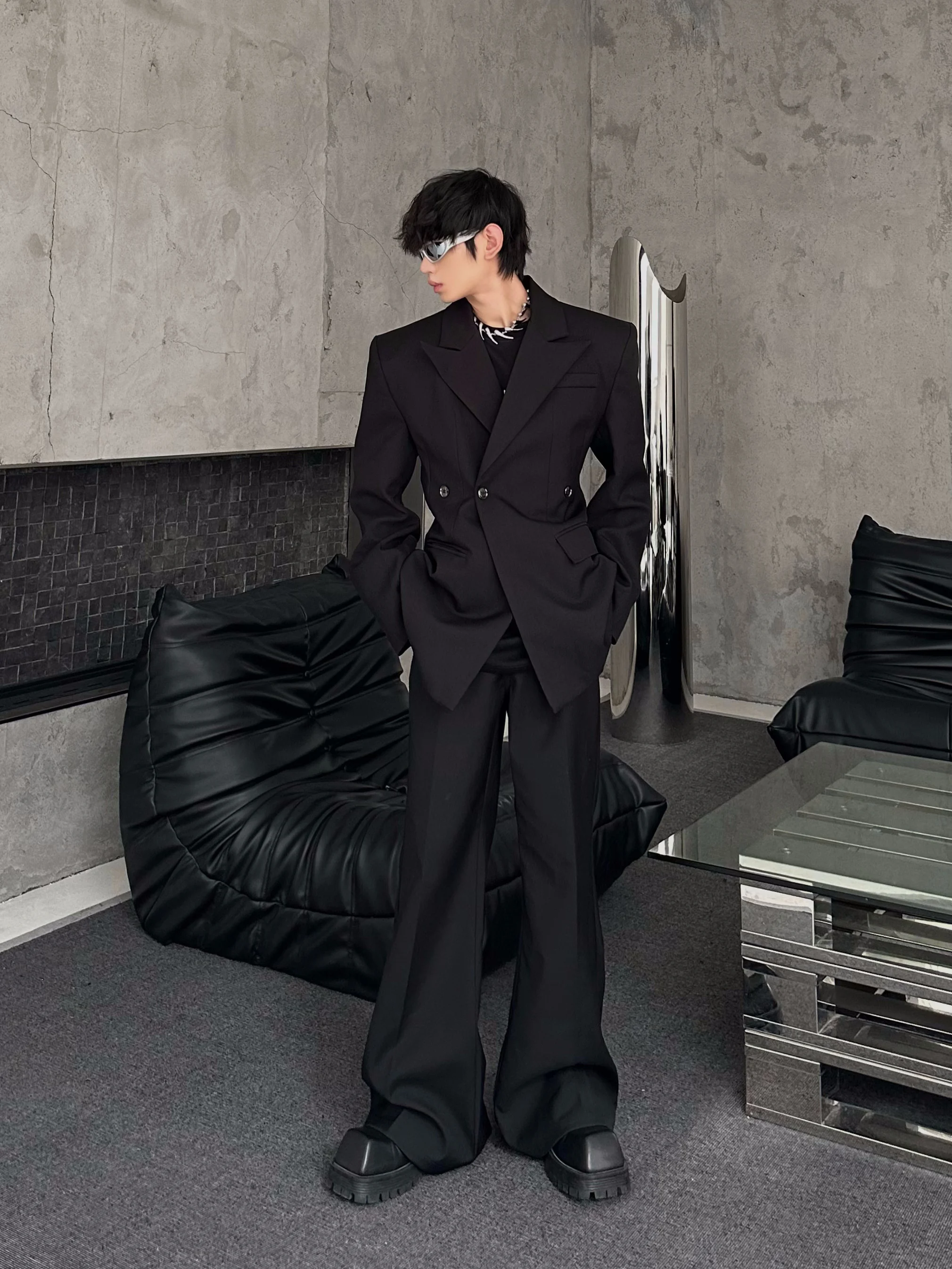 Slim Fit Pure Color Casual Single Button Shoulder Pad Suit Three Dimensional Silhouette Fashionable Men's Spring Autumn Jacket