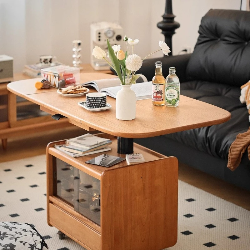 Solid wood lifting folding mobile coffee table living room small apartment sofa home cart