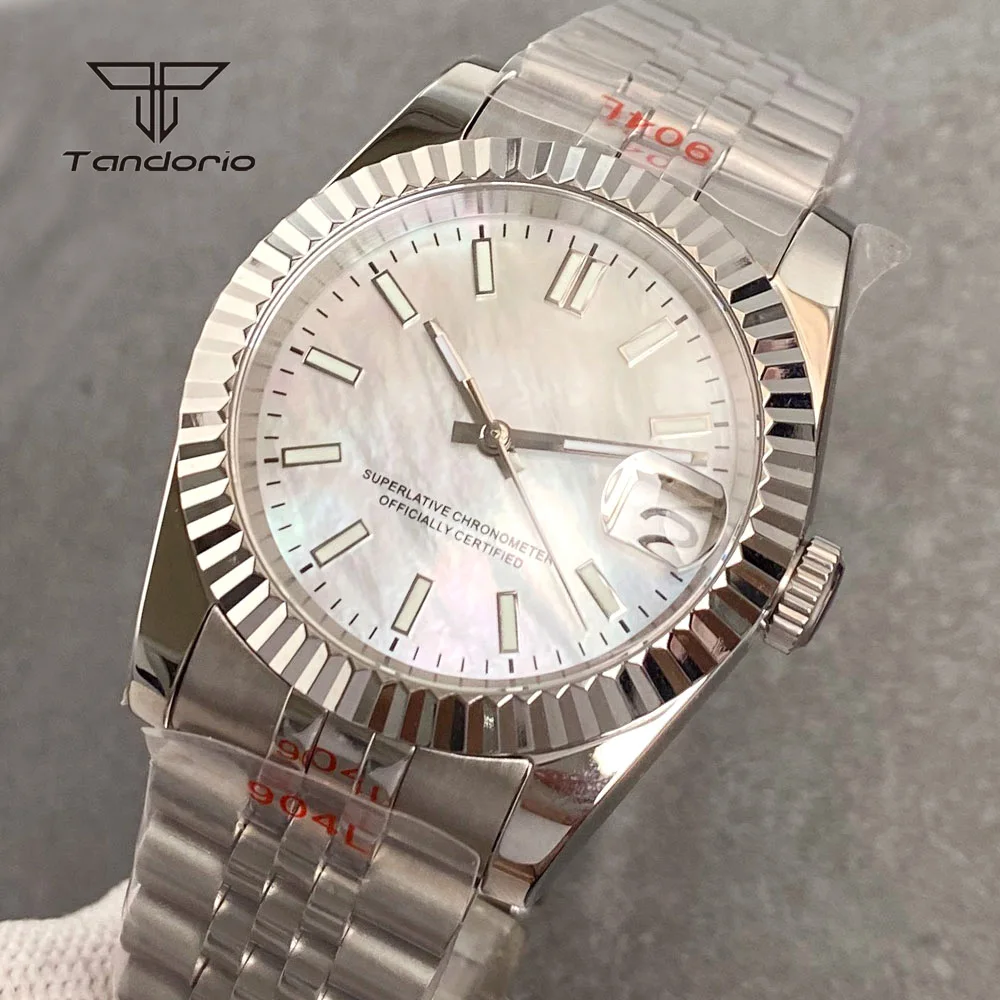 Tandorio NH35A MOP Shell Dial Stainless Steel 36mm/39mm Automatic Mechanical Watch Date Sapphire Crystal Men Wristwatch Luminous