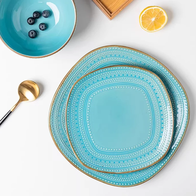 Uhome Large Size Relief Bead Western Dining Plate Pasta Plate Steak Plate Ceramic Dish Underglaze Color Irregular Pattern