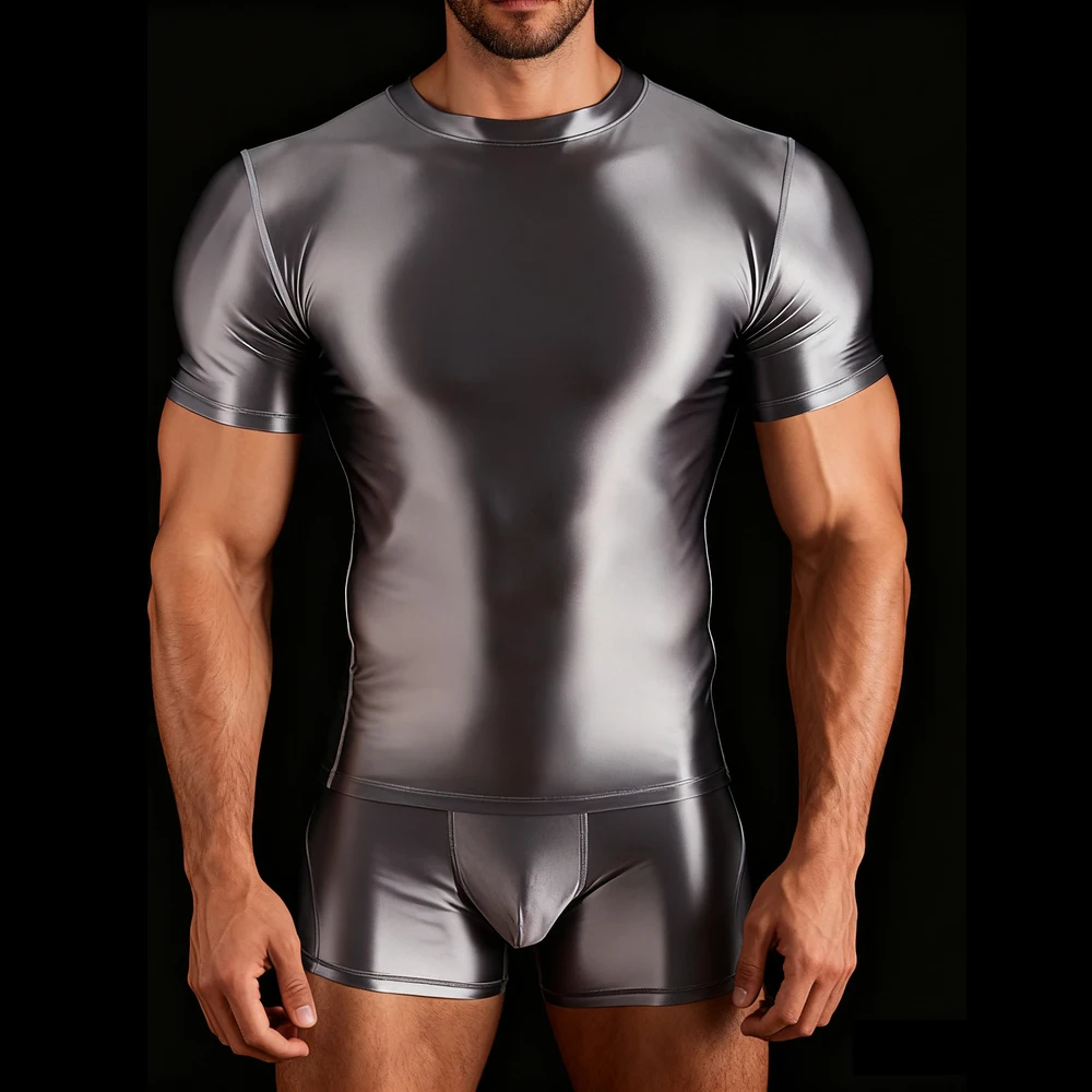 남성용 광택이 나는 부드러운 피트니스 러닝 통기성 트랙수트 스포츠 타이츠 고탄력성 빠른 건조 상의+반바지 액티브웨어 세트