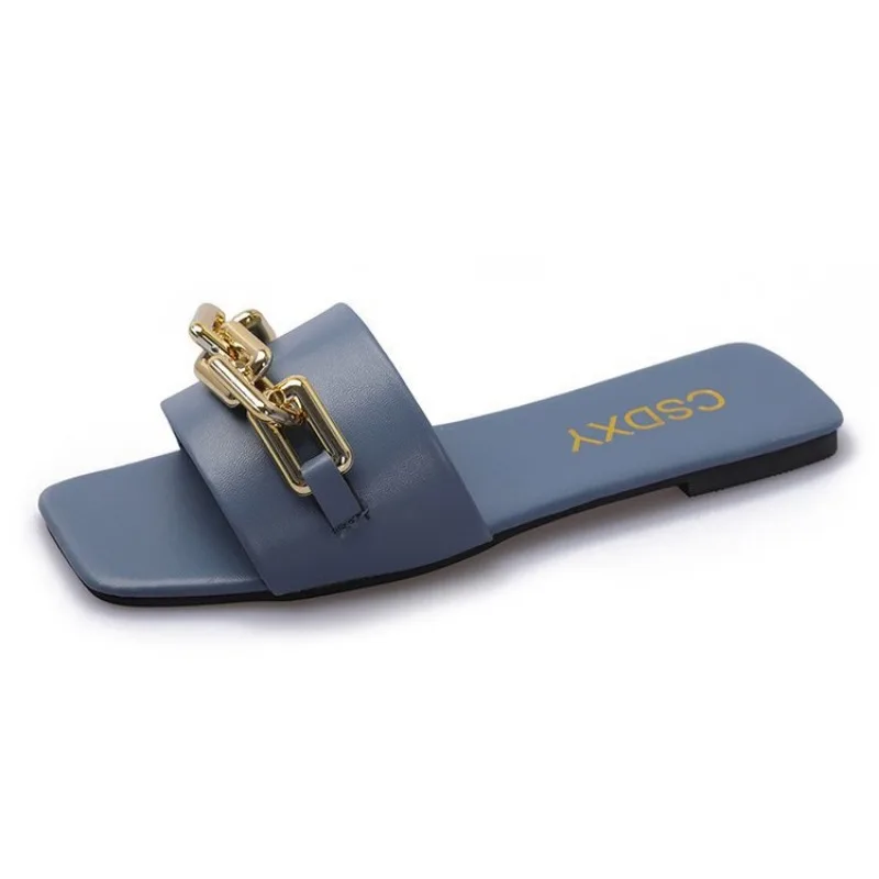 New Chain Women Slippers Summer Flat Outdoor Luxury Square Toe Design Sandals Women Slides New Korean Trend Plus Size 35-42